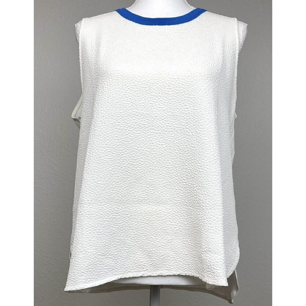 ZARA Womens MEDIUM White Pebbled Knit Sleeveless Trapeze SWING TOP Blue Trim EUC